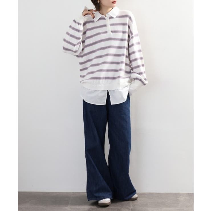 シャツドッキングレイヤード風ランダムボーダーニットプルオーバー | atONE | 詳細画像14 