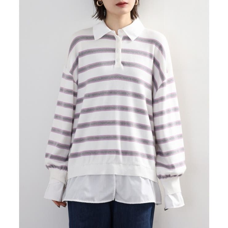 シャツドッキングレイヤード風ランダムボーダーニットプルオーバー | atONE | 詳細画像16 