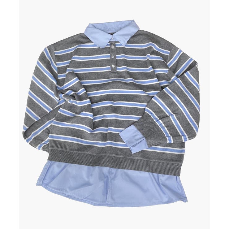 グレー×サックス | シャツドッキングレイヤード風ランダムボーダーニットプルオーバー | atONE