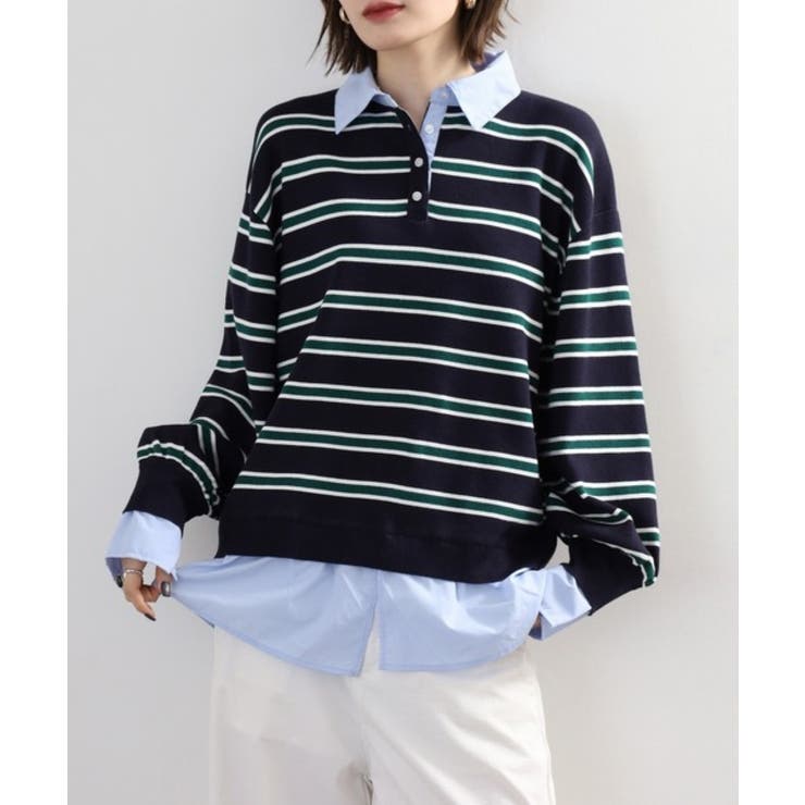 シャツドッキングレイヤード風ランダムボーダーニットプルオーバー | atONE | 詳細画像2 