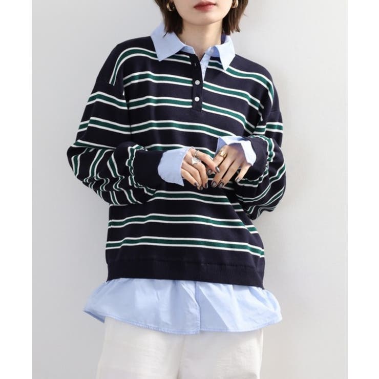 シャツドッキングレイヤード風ランダムボーダーニットプルオーバー | atONE | 詳細画像3 