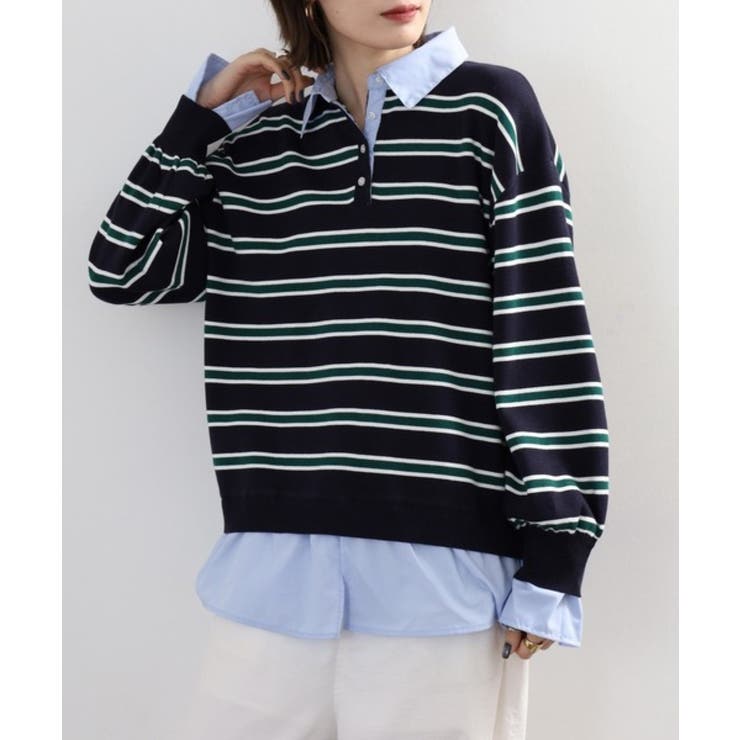 シャツドッキングレイヤード風ランダムボーダーニットプルオーバー | atONE | 詳細画像4 