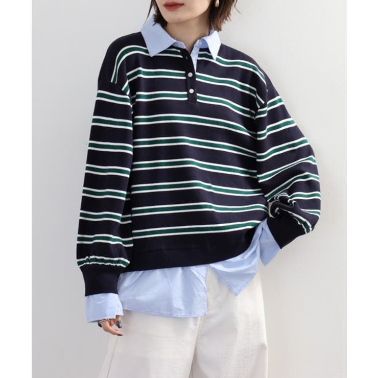 シャツドッキングレイヤード風ランダムボーダーニットプルオーバー | atONE | 詳細画像5 