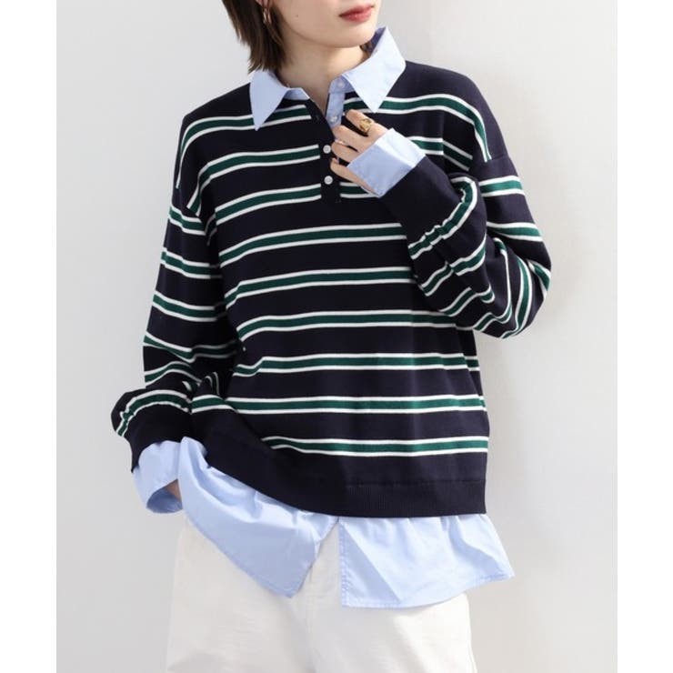 シャツドッキングレイヤード風ランダムボーダーニットプルオーバー | atONE | 詳細画像6 