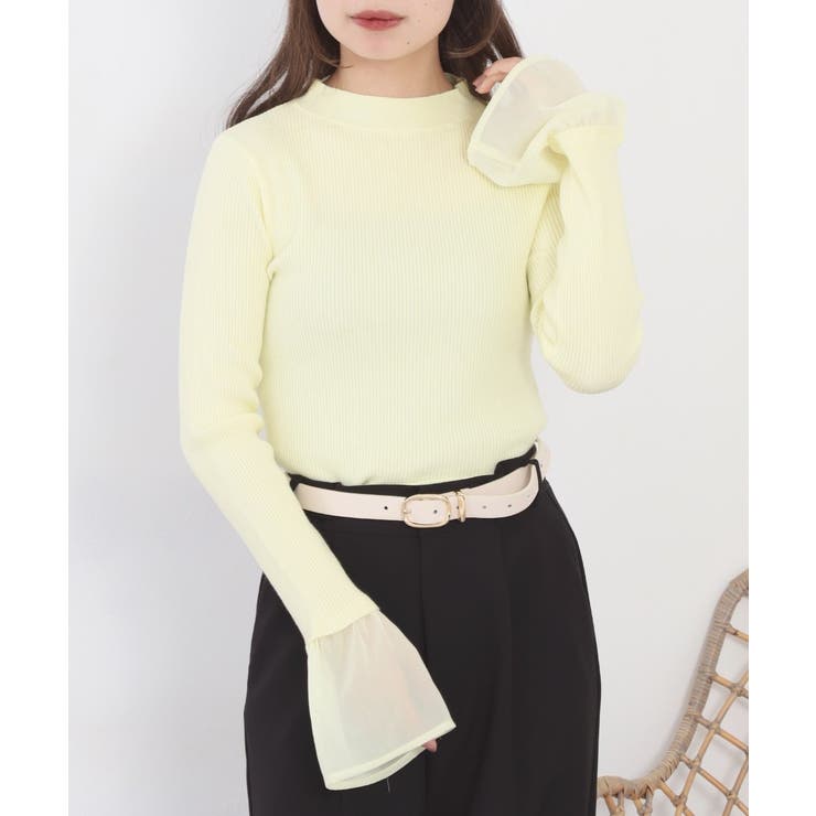 イエロー | シアーカフスフレアスリーブハイネックニットプルオーバー | atONE