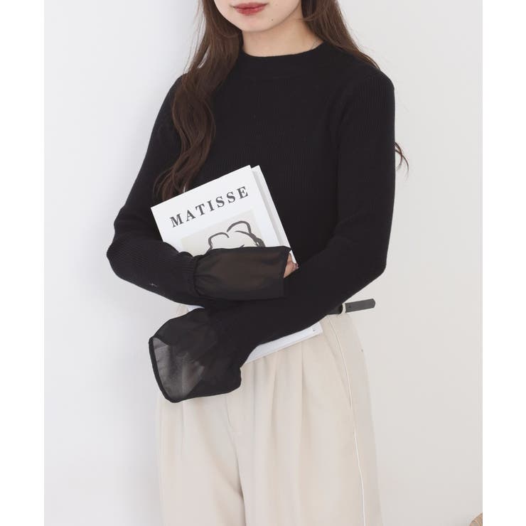 ブラック | シアーカフスフレアスリーブハイネックニットプルオーバー | atONE