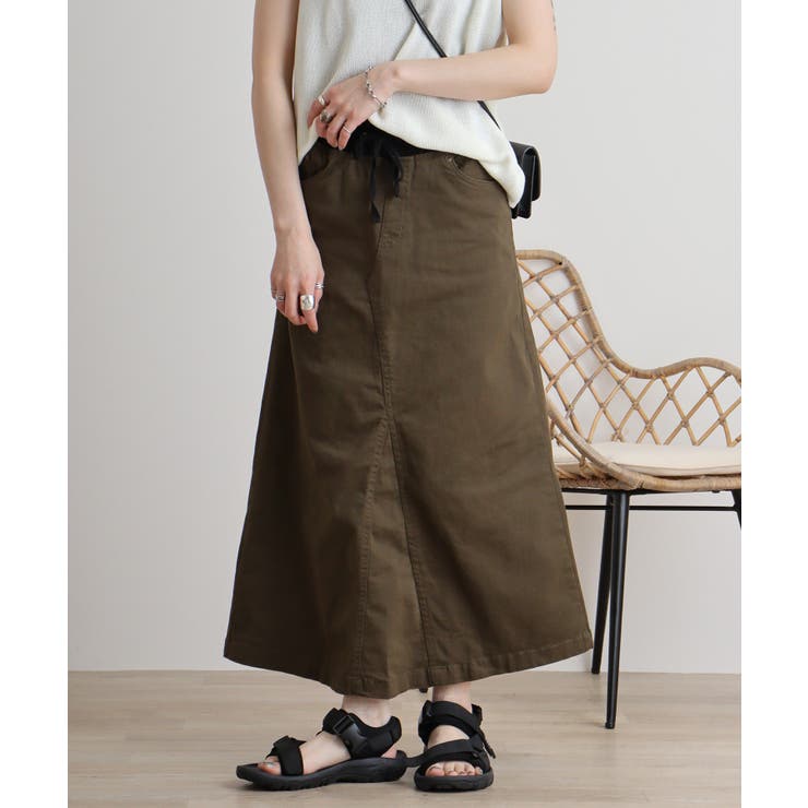 カーキ | ストレッチツイル ロングスカート | atONE