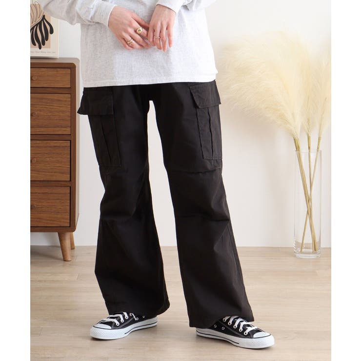 ブラック | ツイルワイドカーゴパンツ | atONE