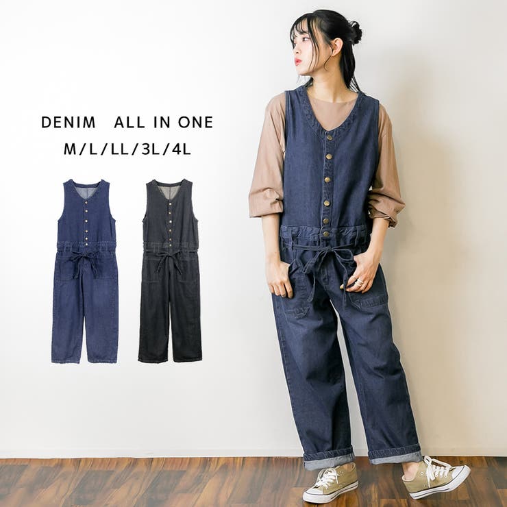 ネイビー | デニムノースリーブマキシパンツ レディースファッション通販 キャミ | atONE