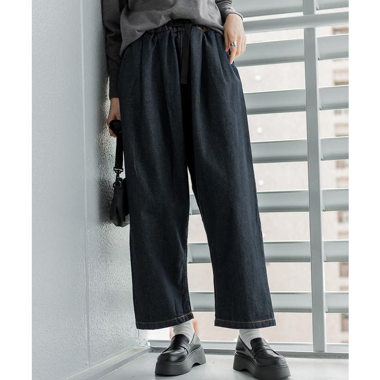 ワンウォッシュネイビー | 前バックルバルーンデニムパンツ | atONE