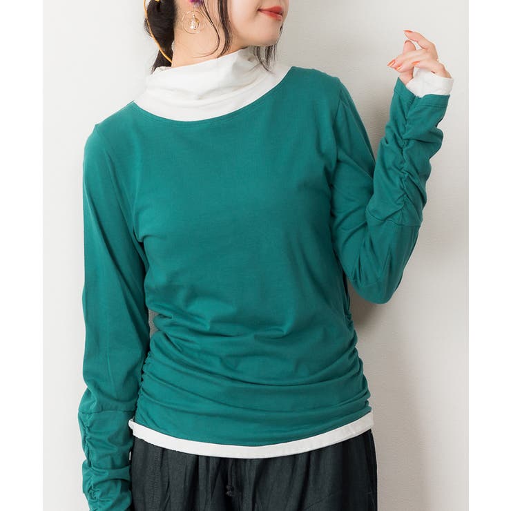 ブルーグリーン/ホワイト | くしゅタートルネック指穴ロングTシャツ ロンt 丸首 | atONE