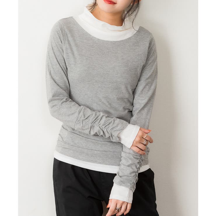 メランジグレー/ホワイト | くしゅタートルネック指穴ロングTシャツ ロンt 丸首 | atONE