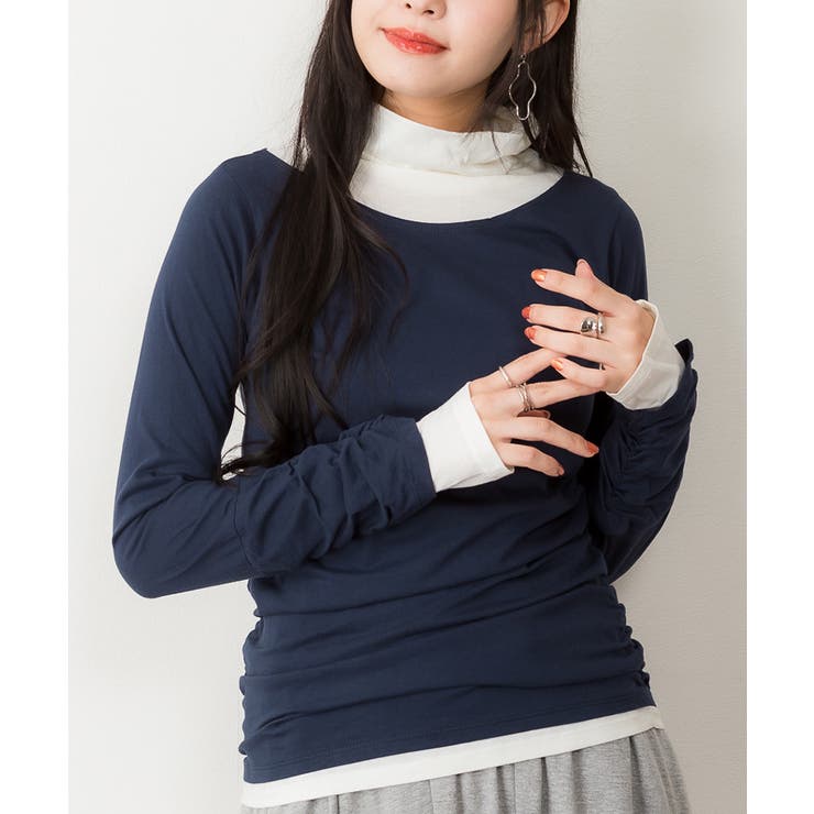 ネイビー/ホワイト | くしゅタートルネック指穴ロングTシャツ ロンt 丸首 | atONE