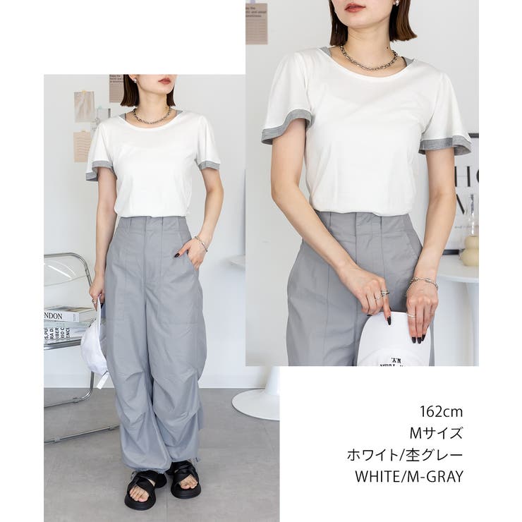 フレアー袖シャーリングカットソー バイカラー レイヤード | atONE | 詳細画像5 