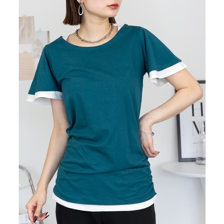 フレアー袖シャーリングカットソー バイカラー レイヤード | atONE | 詳細画像7 