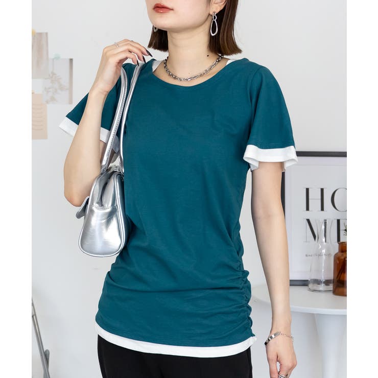 フレアー袖シャーリングカットソー バイカラー レイヤード | atONE | 詳細画像8 