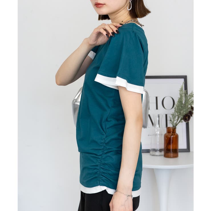 フレアー袖シャーリングカットソー バイカラー レイヤード | atONE | 詳細画像9 