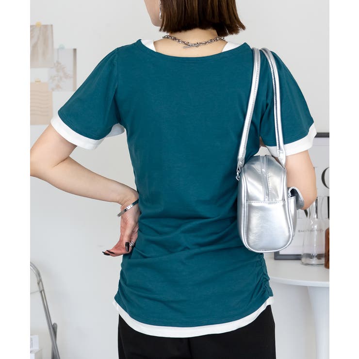 フレアー袖シャーリングカットソー バイカラー レイヤード | atONE | 詳細画像10 