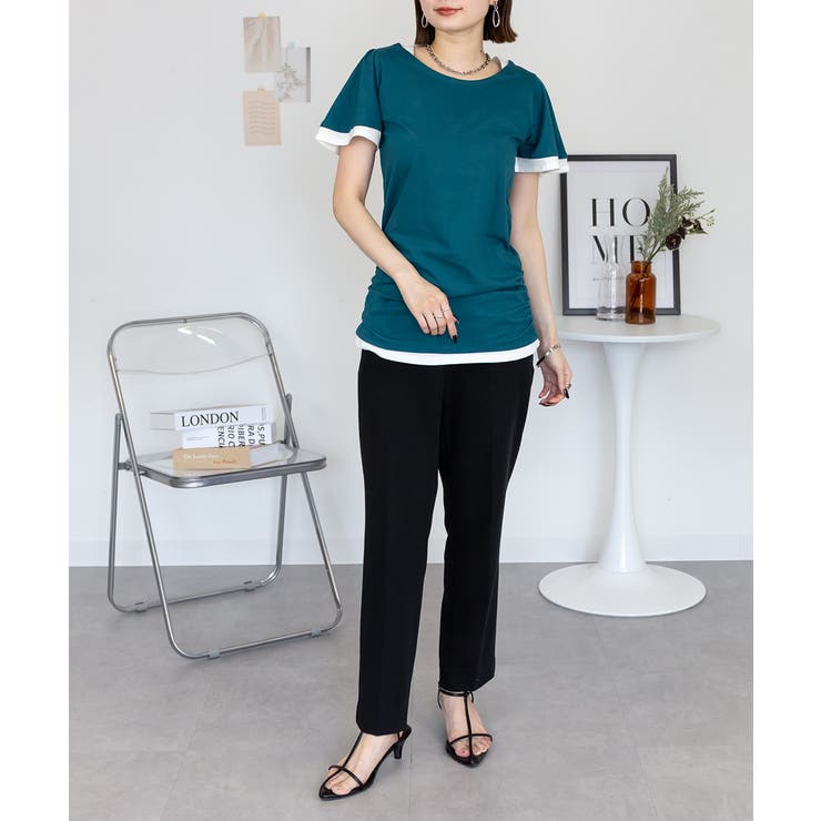 フレアー袖シャーリングカットソー バイカラー レイヤード | atONE | 詳細画像11 