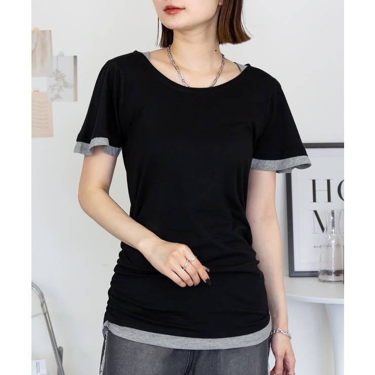 フレアー袖シャーリングカットソー バイカラー レイヤード | atONE | 詳細画像15 