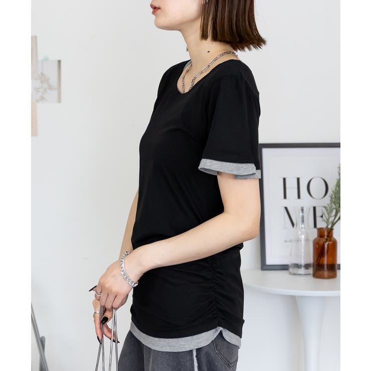 フレアー袖シャーリングカットソー バイカラー レイヤード | atONE | 詳細画像16 