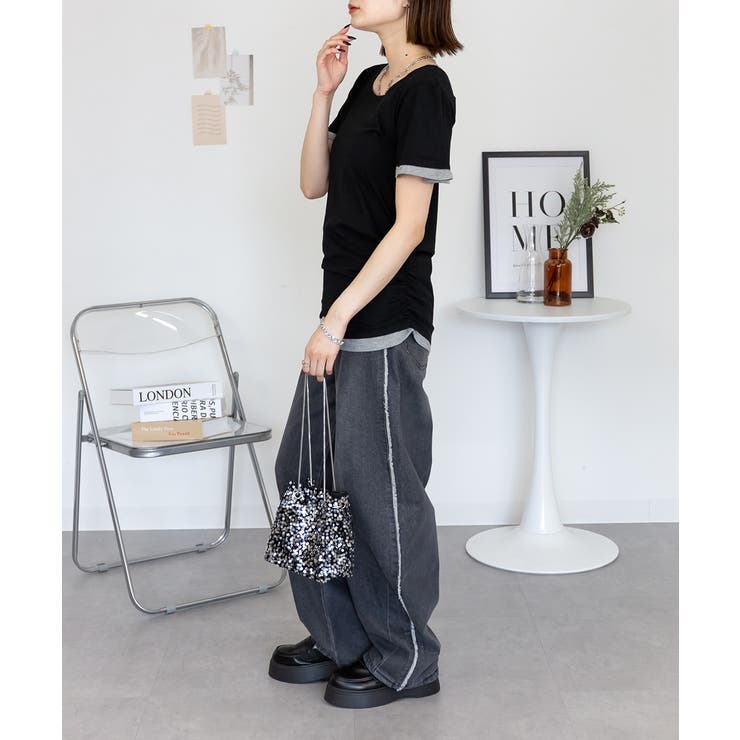 フレアー袖シャーリングカットソー バイカラー レイヤード | atONE | 詳細画像19 