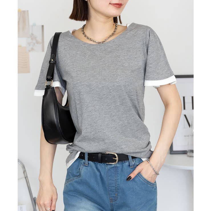 フレアー袖シャーリングカットソー バイカラー レイヤード | atONE | 詳細画像21 