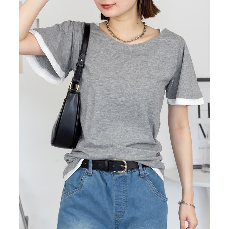 フレアー袖シャーリングカットソー バイカラー レイヤード | atONE | 詳細画像22 