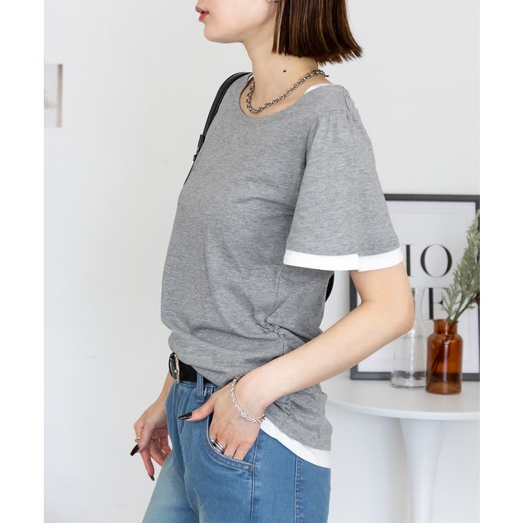 フレアー袖シャーリングカットソー バイカラー レイヤード | atONE | 詳細画像23 