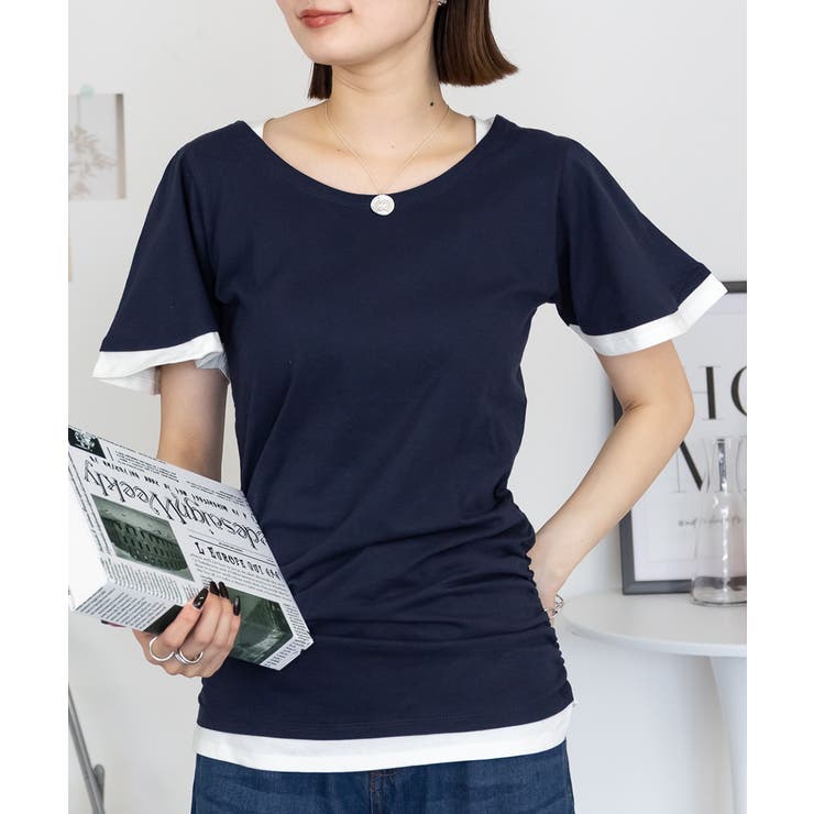 フレアー袖シャーリングカットソー バイカラー レイヤード | atONE | 詳細画像28 