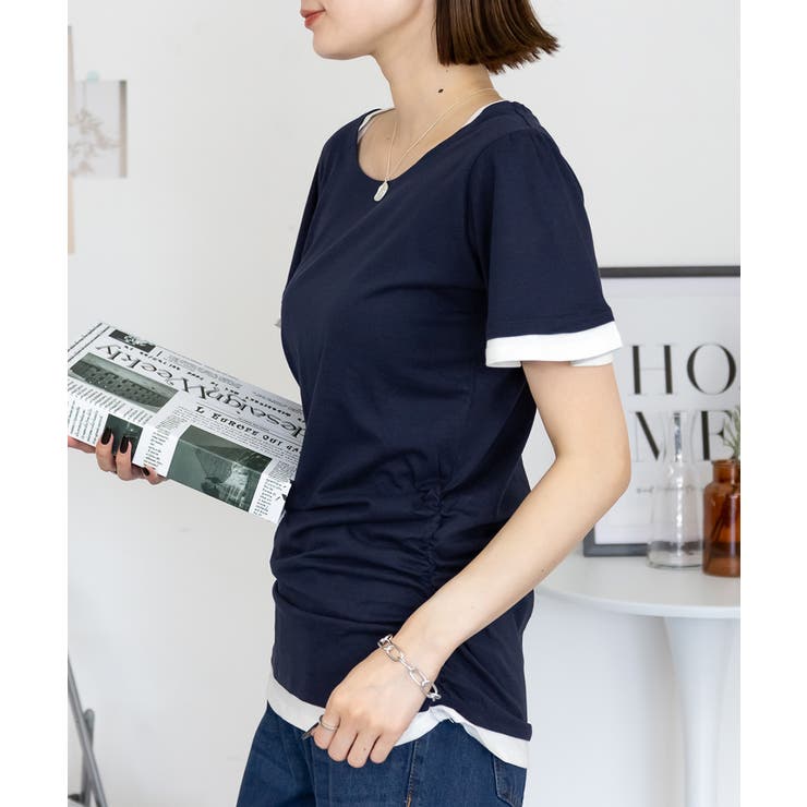 フレアー袖シャーリングカットソー バイカラー レイヤード | atONE | 詳細画像30 