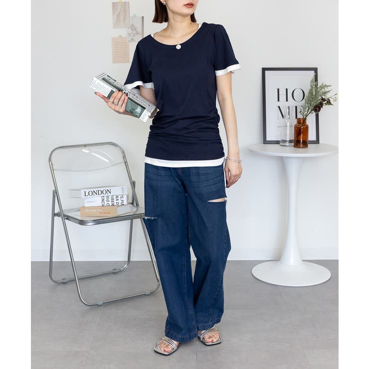 フレアー袖シャーリングカットソー バイカラー レイヤード | atONE | 詳細画像32 