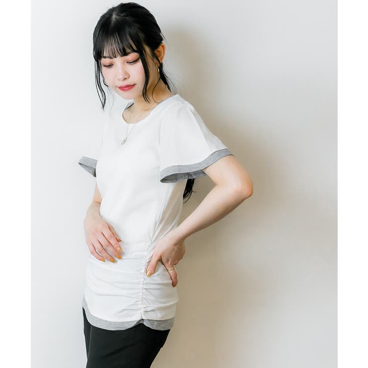 フレアー袖シャーリングカットソー バイカラー レイヤード | atONE | 詳細画像48 