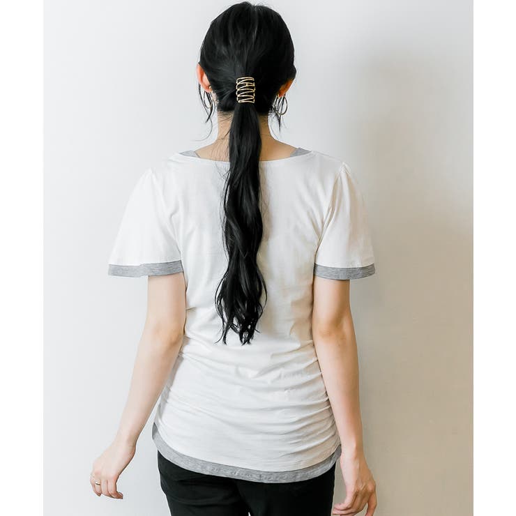 フレアー袖シャーリングカットソー バイカラー レイヤード | atONE | 詳細画像49 