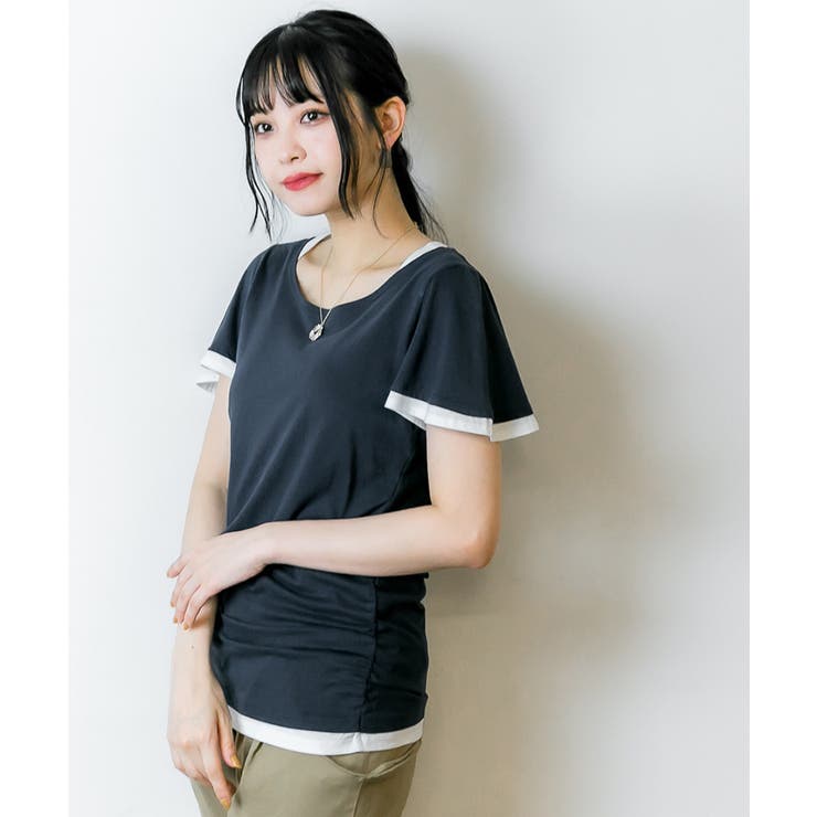 フレアー袖シャーリングカットソー バイカラー レイヤード | atONE | 詳細画像55 