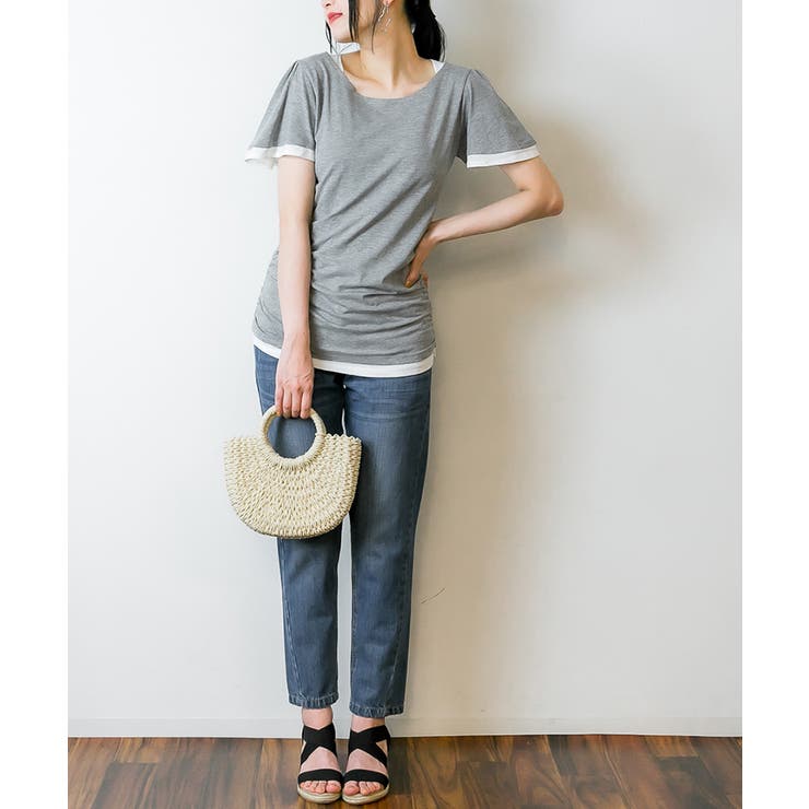 フレアー袖シャーリングカットソー バイカラー レイヤード | atONE | 詳細画像57 