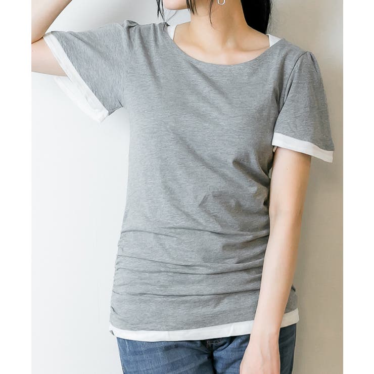 フレアー袖シャーリングカットソー バイカラー レイヤード | atONE | 詳細画像60 