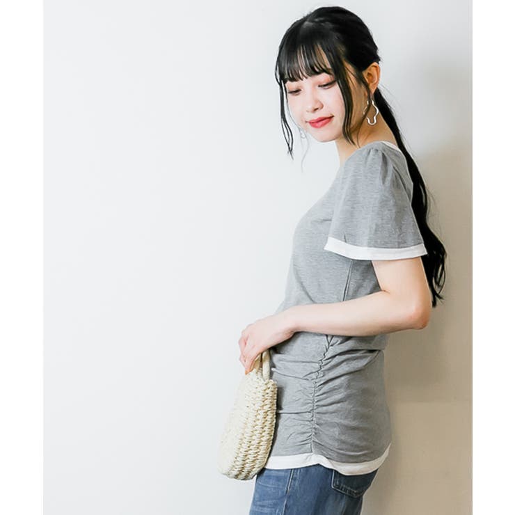 フレアー袖シャーリングカットソー バイカラー レイヤード | atONE | 詳細画像61 