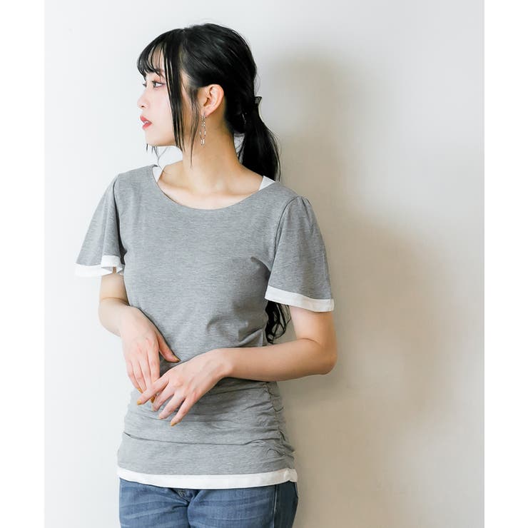 フレアー袖シャーリングカットソー バイカラー レイヤード | atONE | 詳細画像62 