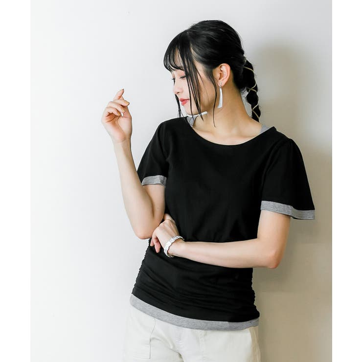 フレアー袖シャーリングカットソー バイカラー レイヤード | atONE | 詳細画像75 