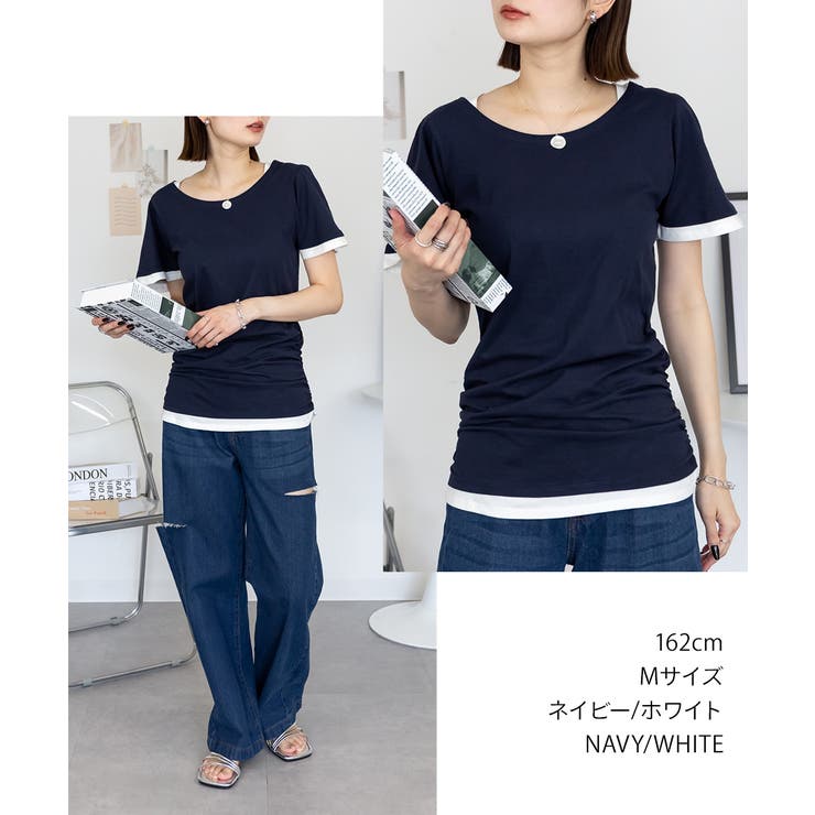 フレアー袖シャーリングカットソー バイカラー レイヤード | atONE | 詳細画像4 