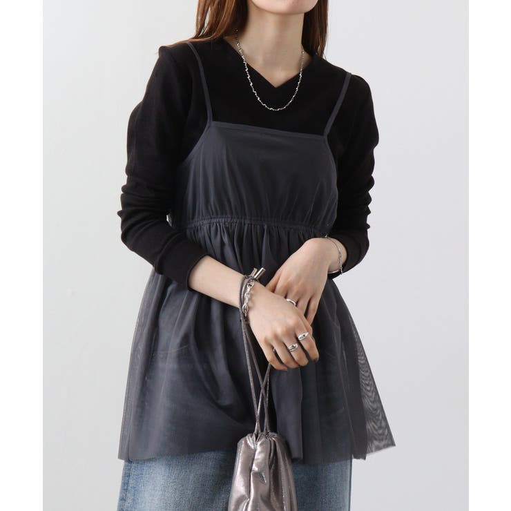 ブラック | ワッフルVネック長袖Tシャツ ロングスリーブカットソー ロンt | atONE