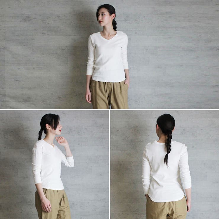 ワッフルVネック長袖Tシャツ ロングスリーブカットソー ロンt