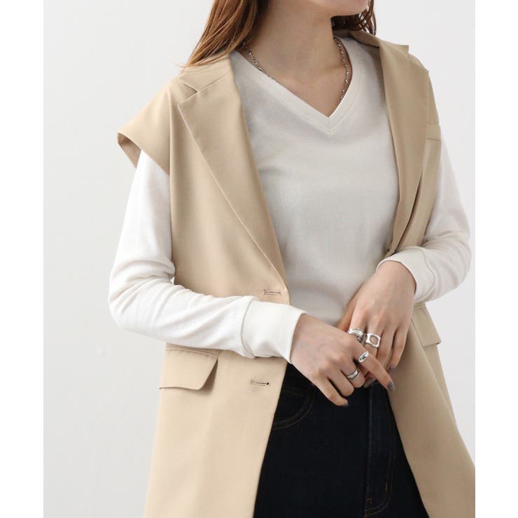 ホワイト | ワッフルVネック長袖Tシャツ ロングスリーブカットソー ロンt | atONE