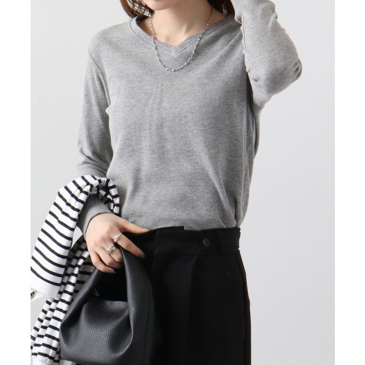 杢グレー | ワッフルVネック長袖Tシャツ ロングスリーブカットソー ロンt | atONE