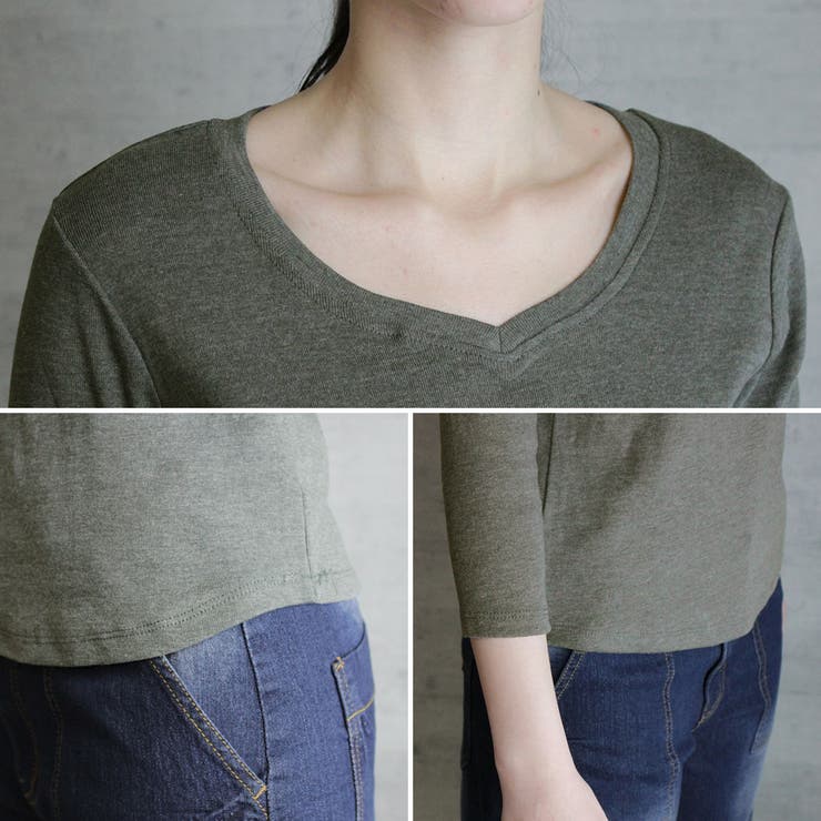 Vネック8分袖コットンフライスTシャツ 半端袖 カットソー | atONE | 詳細画像13 