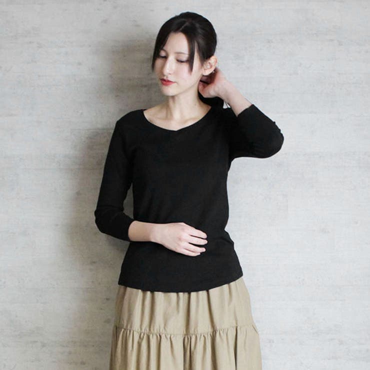 Vネック8分袖コットンフライスTシャツ 半端袖 カットソー | atONE | 詳細画像15 