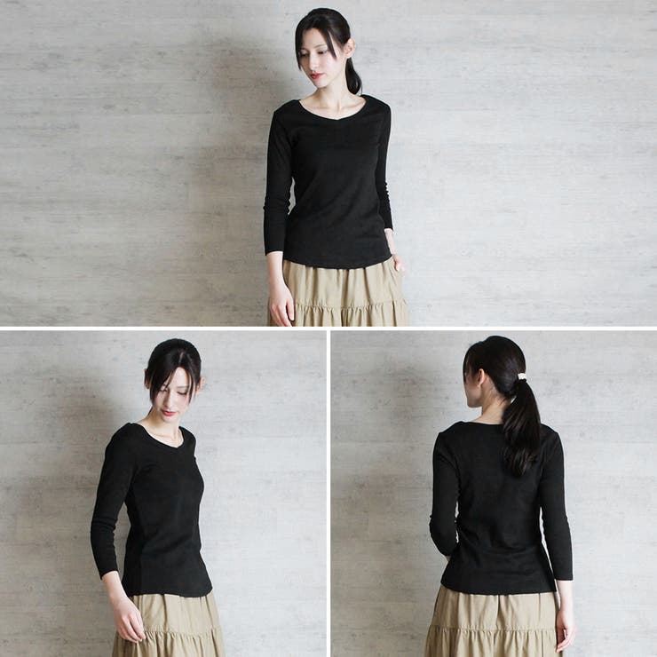 Vネック8分袖コットンフライスTシャツ 半端袖 カットソー | atONE | 詳細画像1 