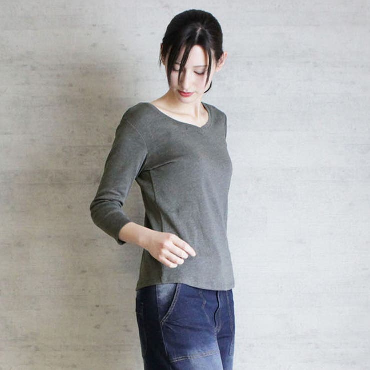 Vネック8分袖コットンフライスTシャツ 半端袖 カットソー | atONE | 詳細画像19 