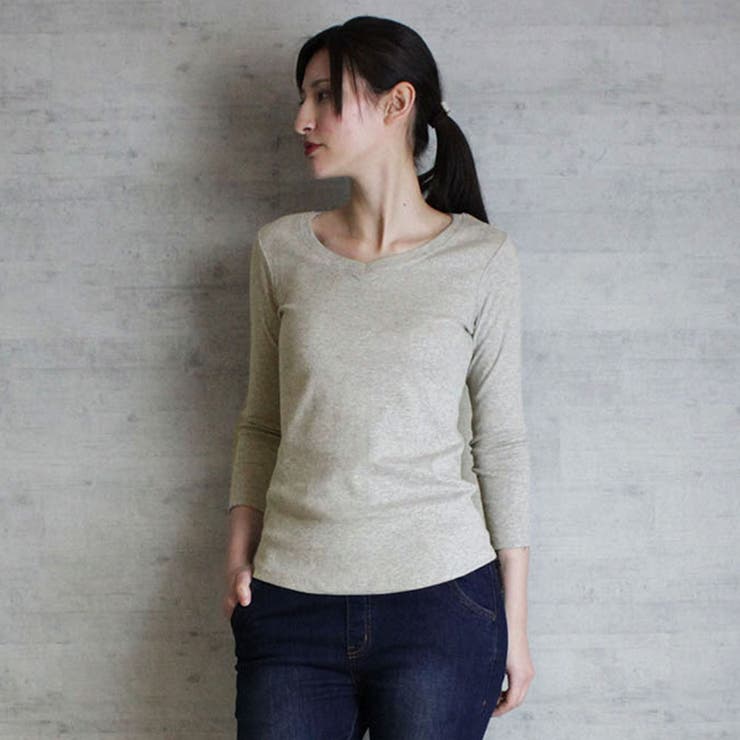 Vネック8分袖コットンフライスTシャツ 半端袖 カットソー | atONE | 詳細画像21 